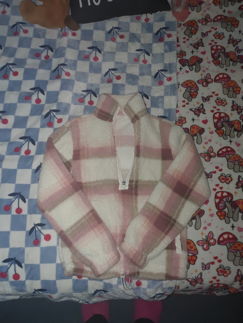 No Boundaries Pink and Cream Plaid Fleece Half-Zip Jacket